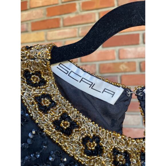 Vintage, Scala, 100% Silk Blouse, Fully Beaded & Sequins, Black, Petite Medium - Picture 4 of 8